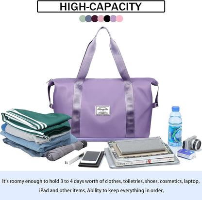 Travel Bag for Women Expandable Weekender Overnight Bag Carry on Sports Tote Gym Bag Waterproof Foldable Duffel Bag (Purple)
