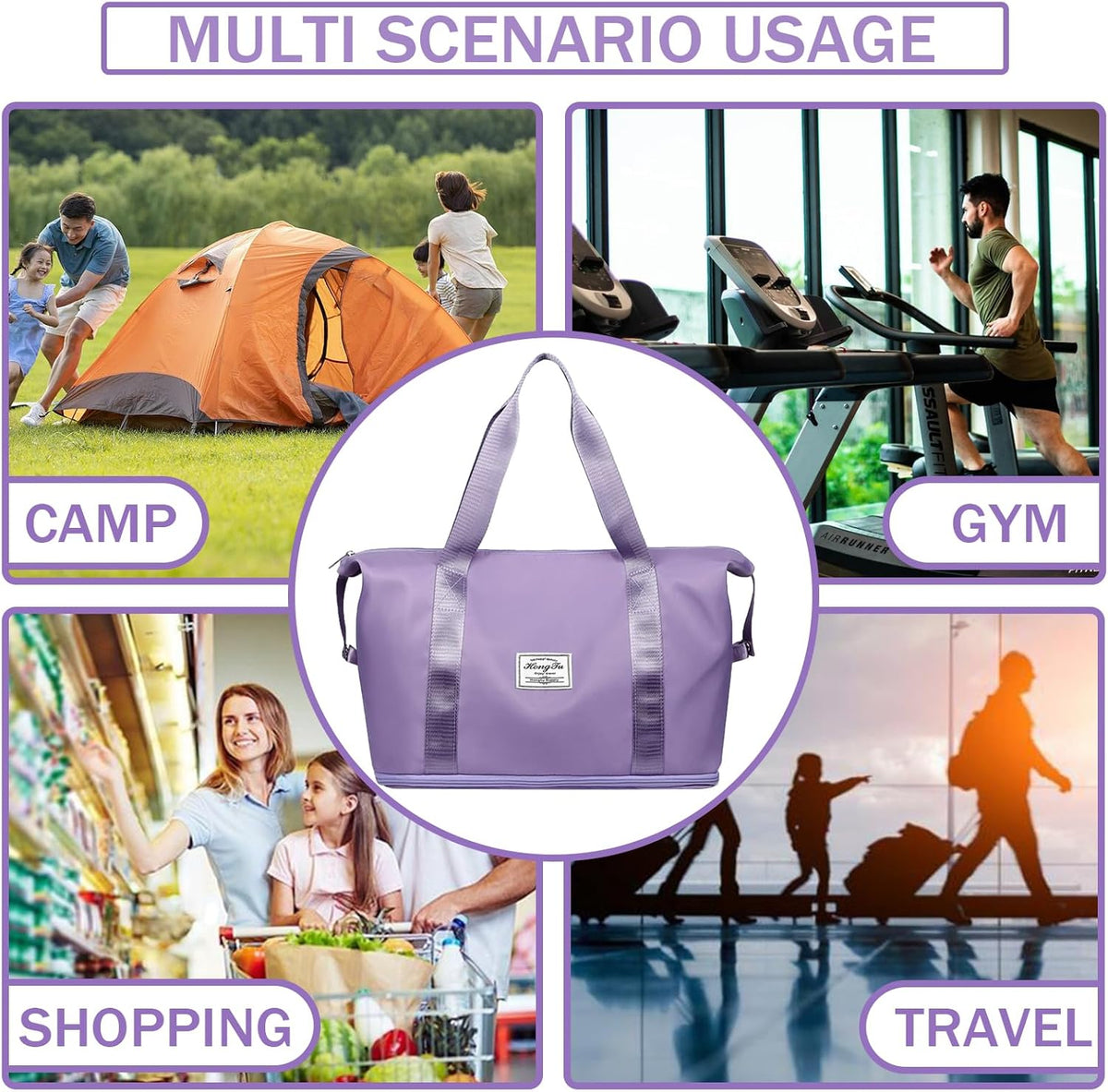 Travel Bag for Women Expandable Weekender Overnight Bag Carry on Sports Tote Gym Bag Waterproof Foldable Duffel Bag (Purple)