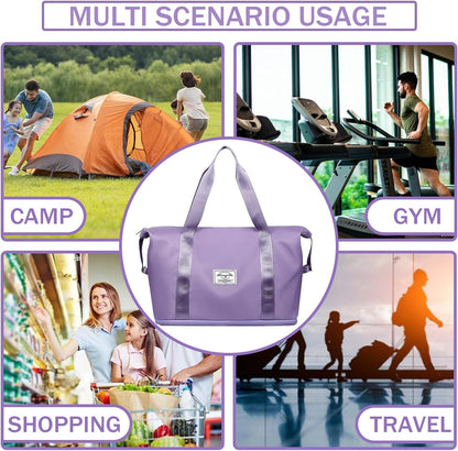 Travel Bag for Women Expandable Weekender Overnight Bag Carry on Sports Tote Gym Bag Waterproof Foldable Duffel Bag (Purple)