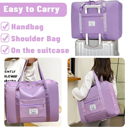 Travel Bag for Women Expandable Weekender Overnight Bag Carry on Sports Tote Gym Bag Waterproof Foldable Duffel Bag (Purple)