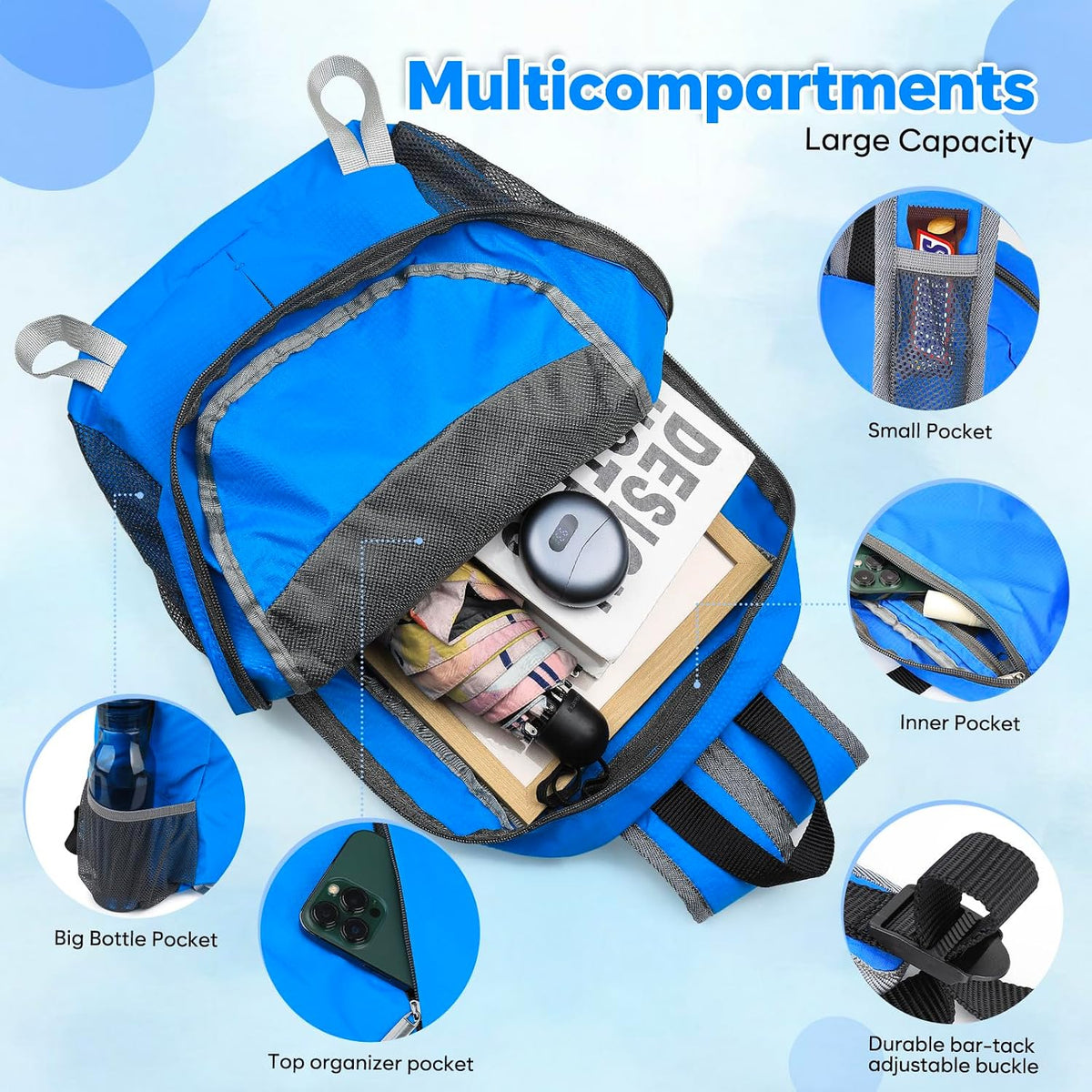 15L Lightweight Packable Hiking Daypack, Water Resistant Foldable Daypack for Travel Outdoor, Ultra Backpack for Men Women (Blue)