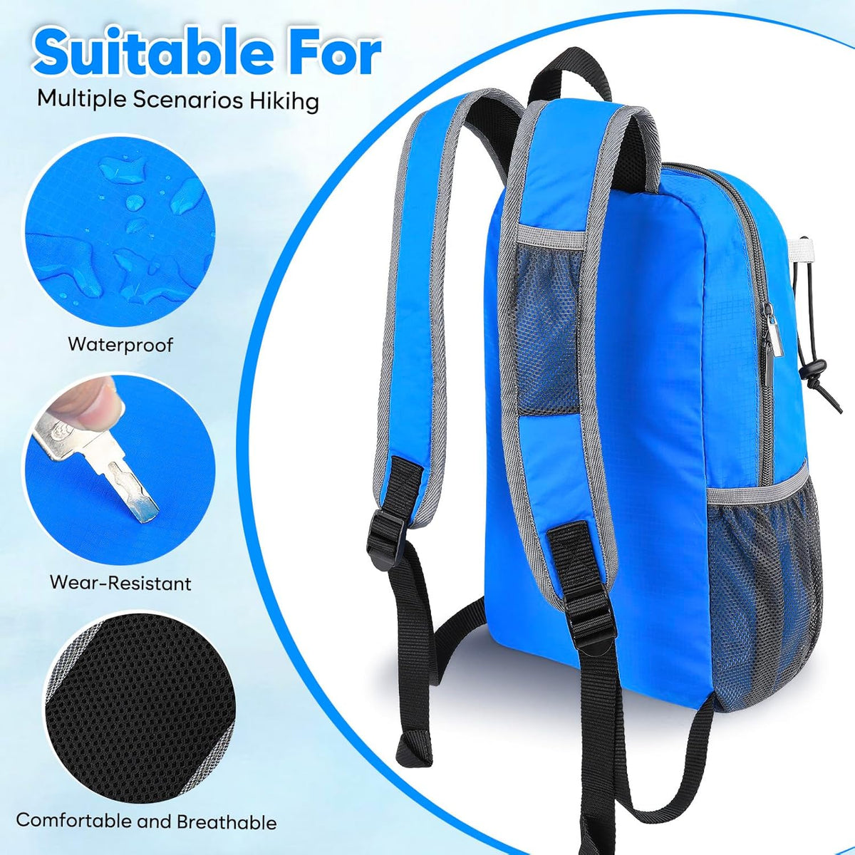 15L Lightweight Packable Hiking Daypack, Water Resistant Foldable Daypack for Travel Outdoor, Ultra Backpack for Men Women (Blue)