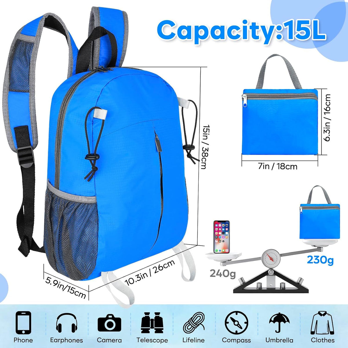 15L Lightweight Packable Hiking Daypack, Water Resistant Foldable Daypack for Travel Outdoor, Ultra Backpack for Men Women (Blue)
