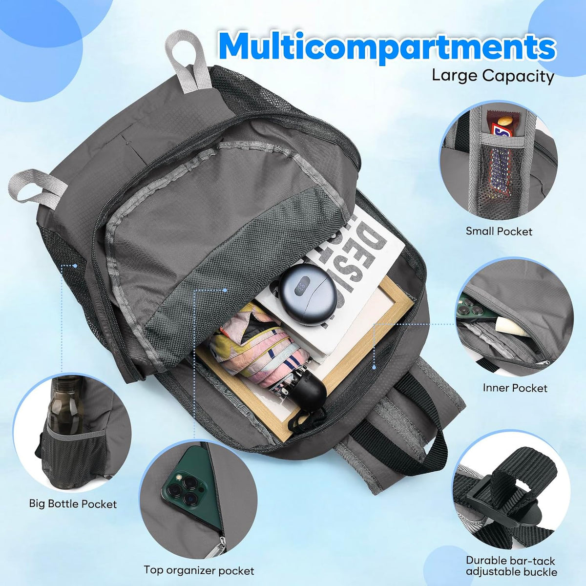15L Lightweight Packable Hiking Daypack, Water Resistant Foldable Daypack for Travel Outdoor, Ultra Backpack for Men Women (Blue)