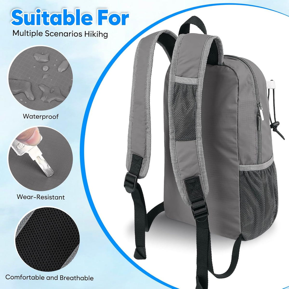 15L Lightweight Packable Hiking Daypack, Water Resistant Foldable Daypack for Travel Outdoor, Ultra Backpack for Men Women (Blue)