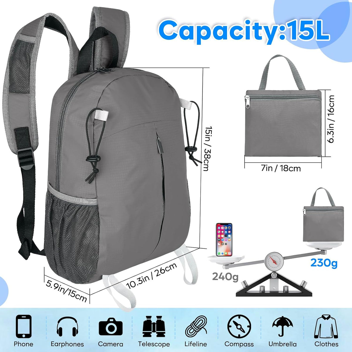 15L Lightweight Packable Hiking Daypack, Water Resistant Foldable Daypack for Travel Outdoor, Ultra Backpack for Men Women (Blue)