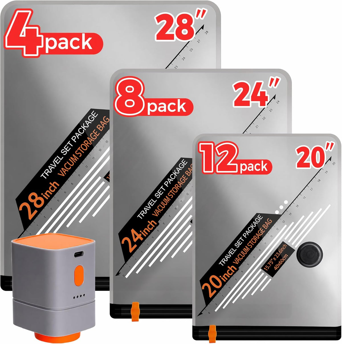24 Combo Travel Vacuum Bags with Cordless Rechargeable Pump, Portable Space Saver Compression Bag for Clothing, Vacuum Seal Packing Bags for Home Clothing Luggage Organizer Travel Essentials