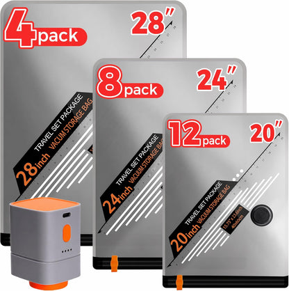 24 Combo Travel Vacuum Bags with Cordless Rechargeable Pump, Portable Space Saver Compression Bag for Clothing, Vacuum Seal Packing Bags for Home Clothing Luggage Organizer Travel Essentials