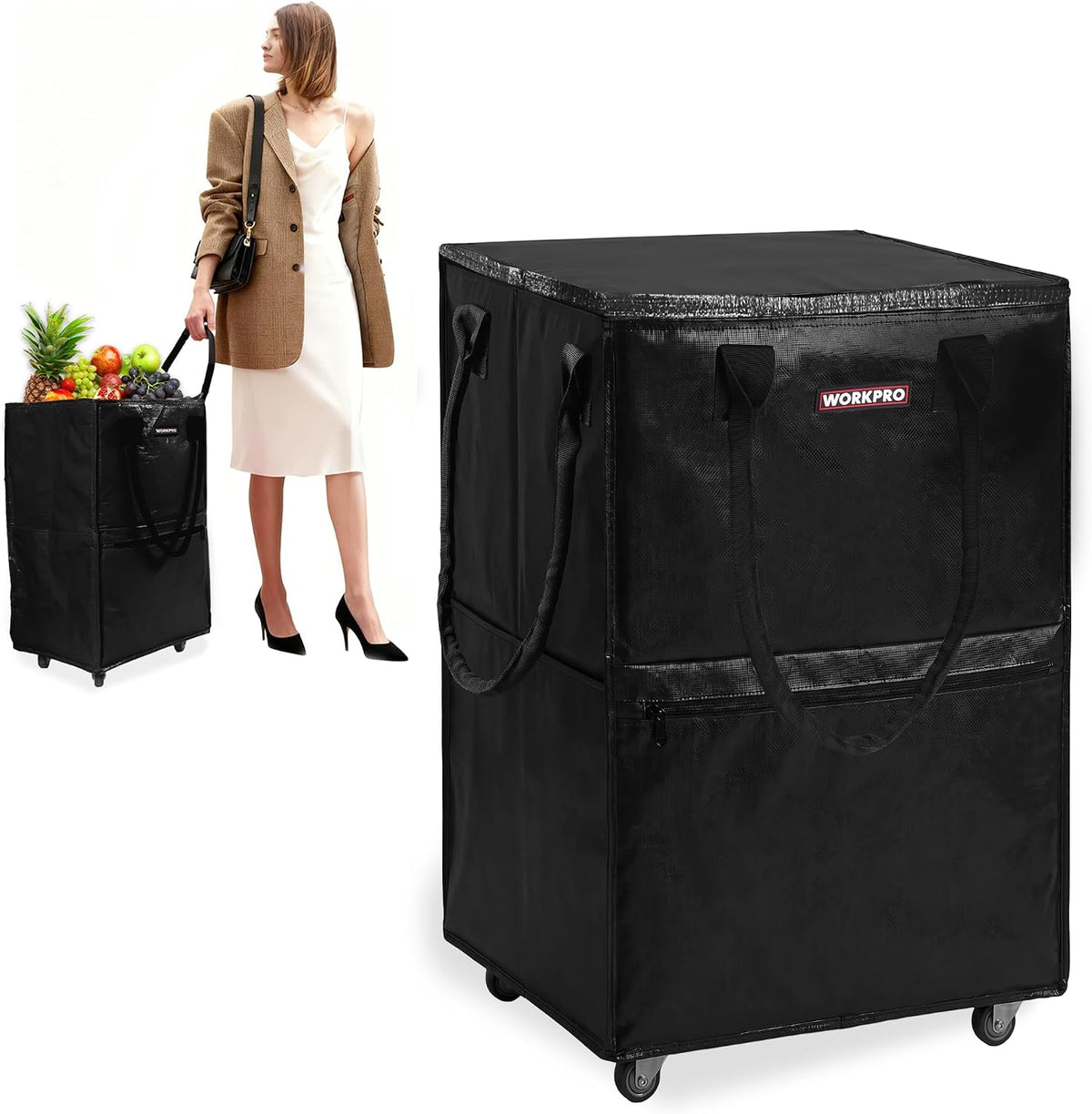 Large Rolling Grocery Bag, 36-Gallon Tote with 5 Wheels, 110 lbs Capacity, Dual Carry, Wide Zipper & Extra Storage for Shopping, Laundry & Moving
