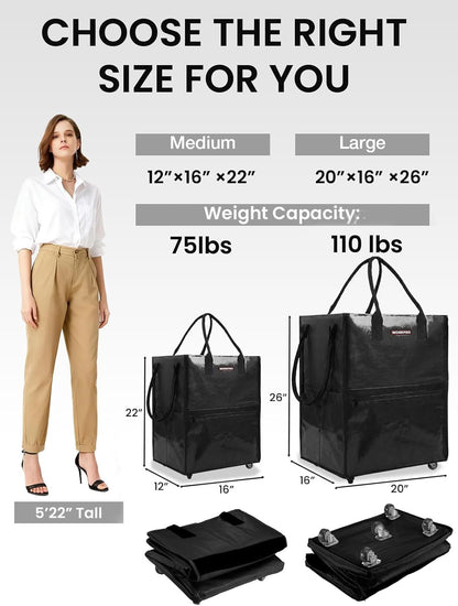 Large Rolling Grocery Bag, 36-Gallon Tote with 5 Wheels, 110 lbs Capacity, Dual Carry, Wide Zipper & Extra Storage for Shopping, Laundry & Moving