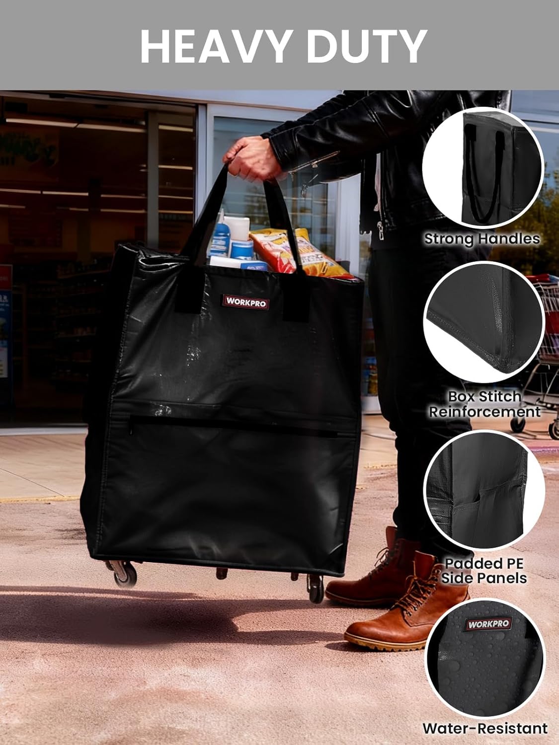 Large Rolling Grocery Bag, 36-Gallon Tote with 5 Wheels, 110 lbs Capacity, Dual Carry, Wide Zipper & Extra Storage for Shopping, Laundry & Moving