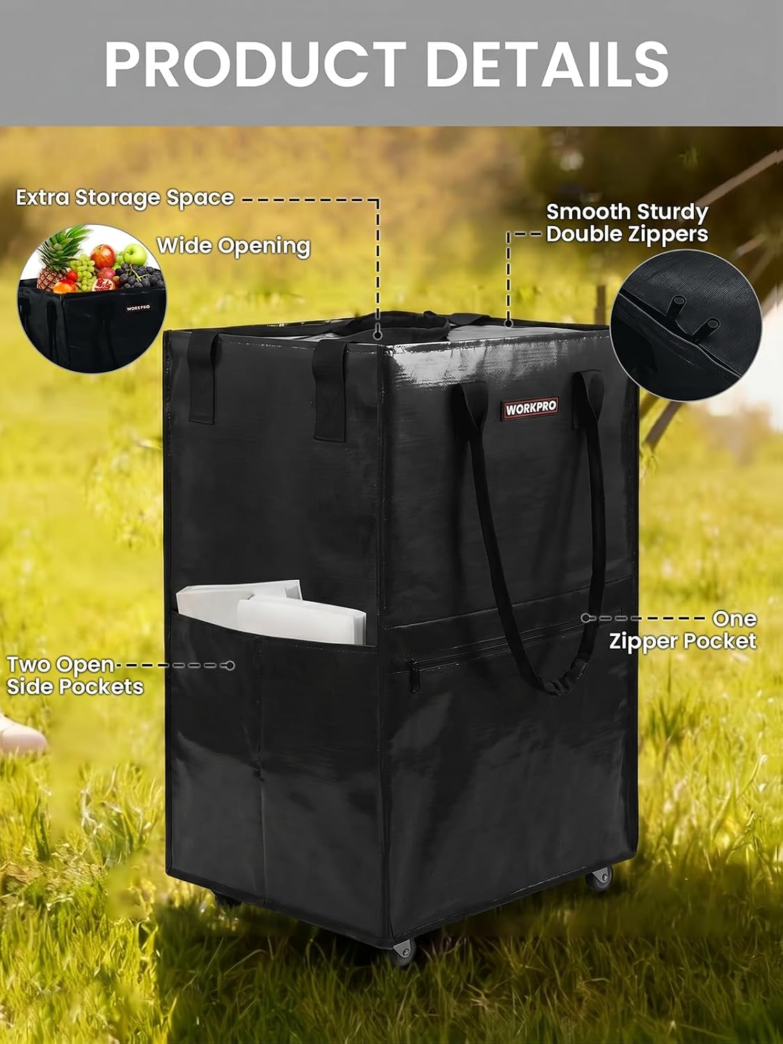 Large Rolling Grocery Bag, 36-Gallon Tote with 5 Wheels, 110 lbs Capacity, Dual Carry, Wide Zipper & Extra Storage for Shopping, Laundry & Moving
