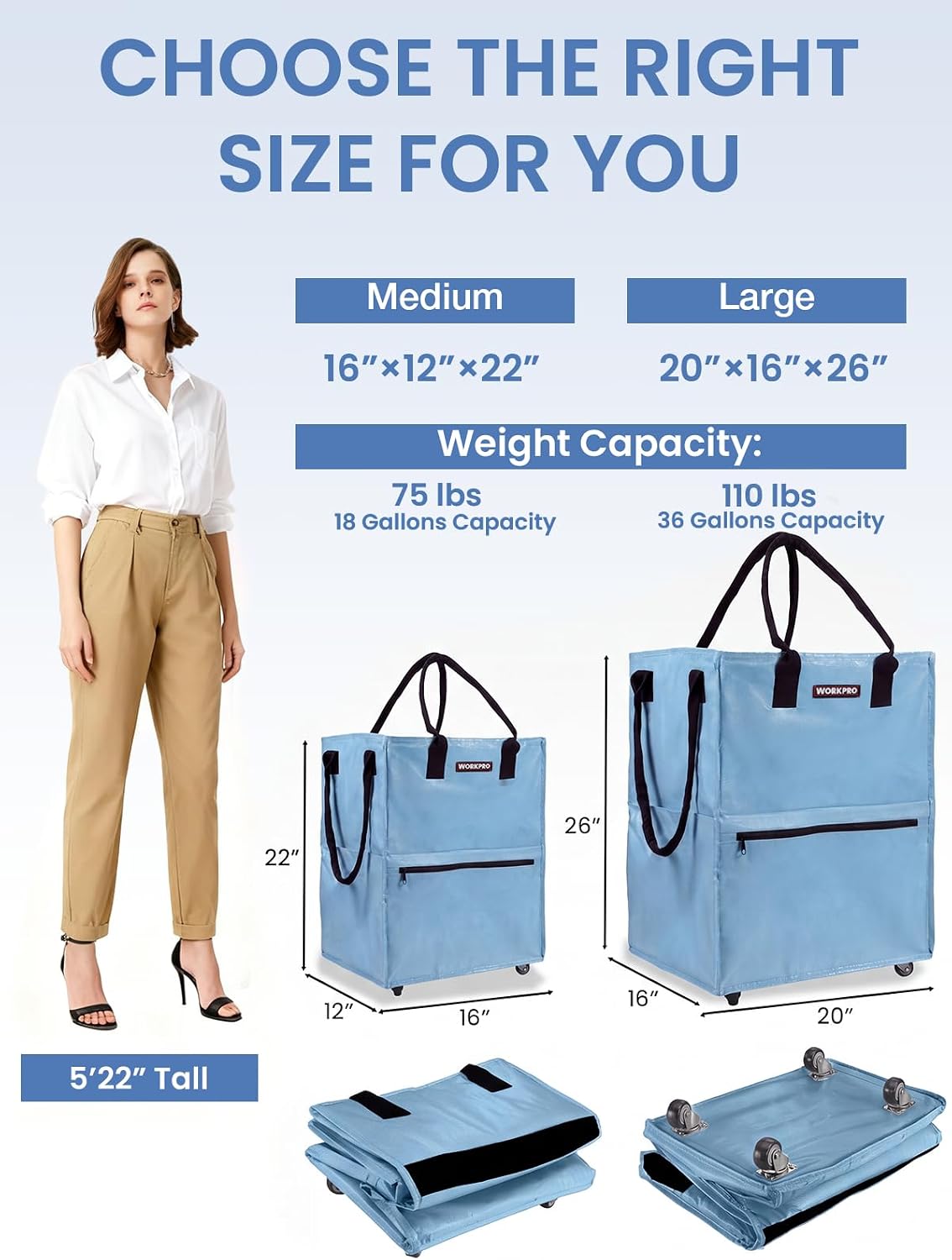Large Rolling Grocery Bag, 36-Gallon Tote with 5 Wheels, 110 lbs Capacity, Dual Carry, Wide Zipper & Extra Storage for Shopping, Laundry & Moving