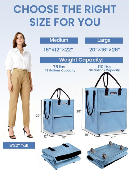 Large Rolling Grocery Bag, 36-Gallon Tote with 5 Wheels, 110 lbs Capacity, Dual Carry, Wide Zipper & Extra Storage for Shopping, Laundry & Moving