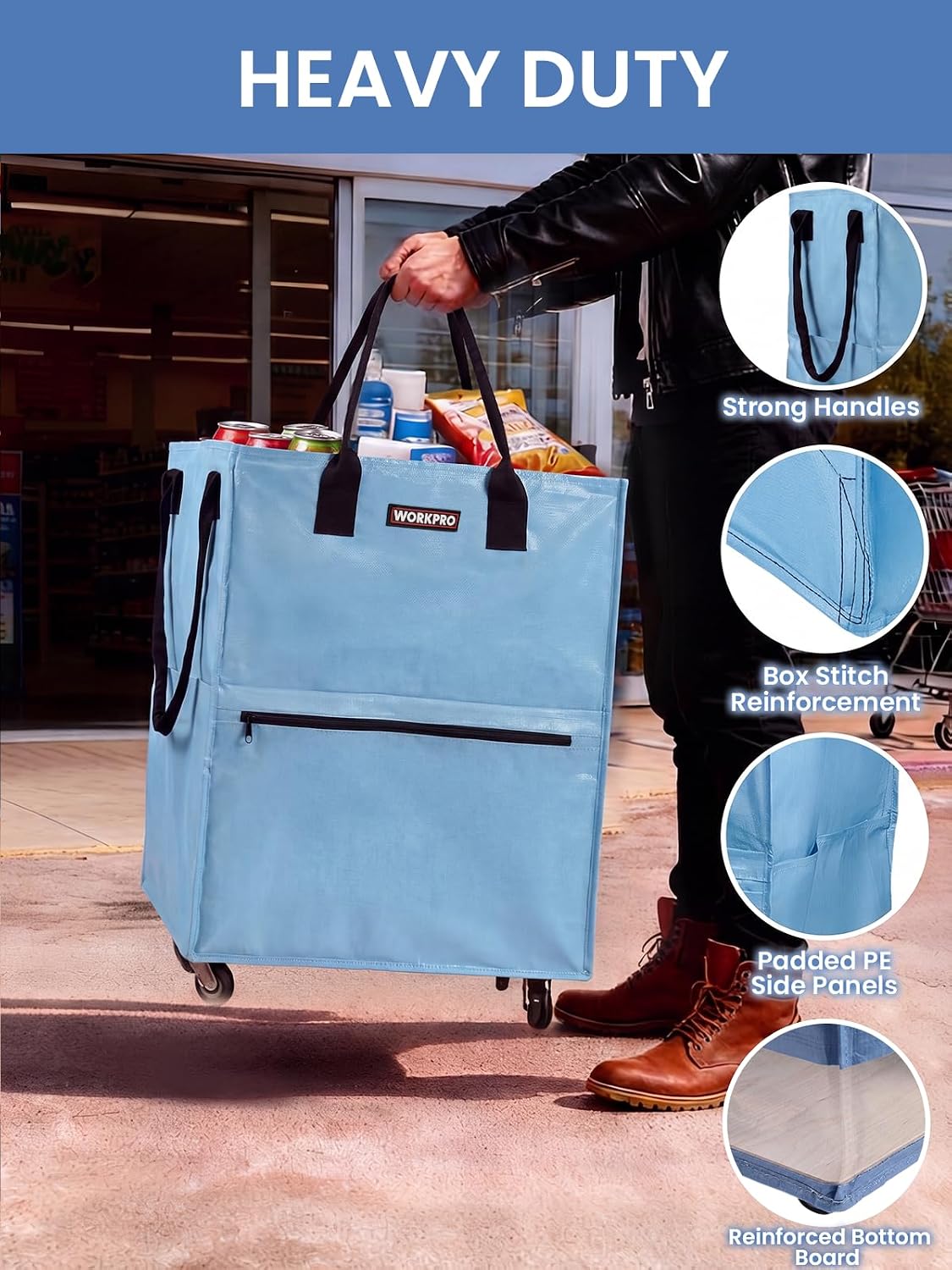 Large Rolling Grocery Bag, 36-Gallon Tote with 5 Wheels, 110 lbs Capacity, Dual Carry, Wide Zipper & Extra Storage for Shopping, Laundry & Moving