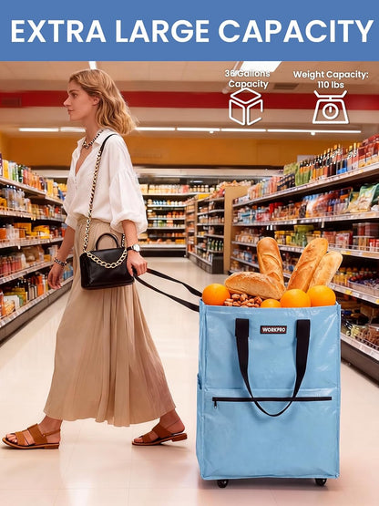 Large Rolling Grocery Bag, 36-Gallon Tote with 5 Wheels, 110 lbs Capacity, Dual Carry, Wide Zipper & Extra Storage for Shopping, Laundry & Moving