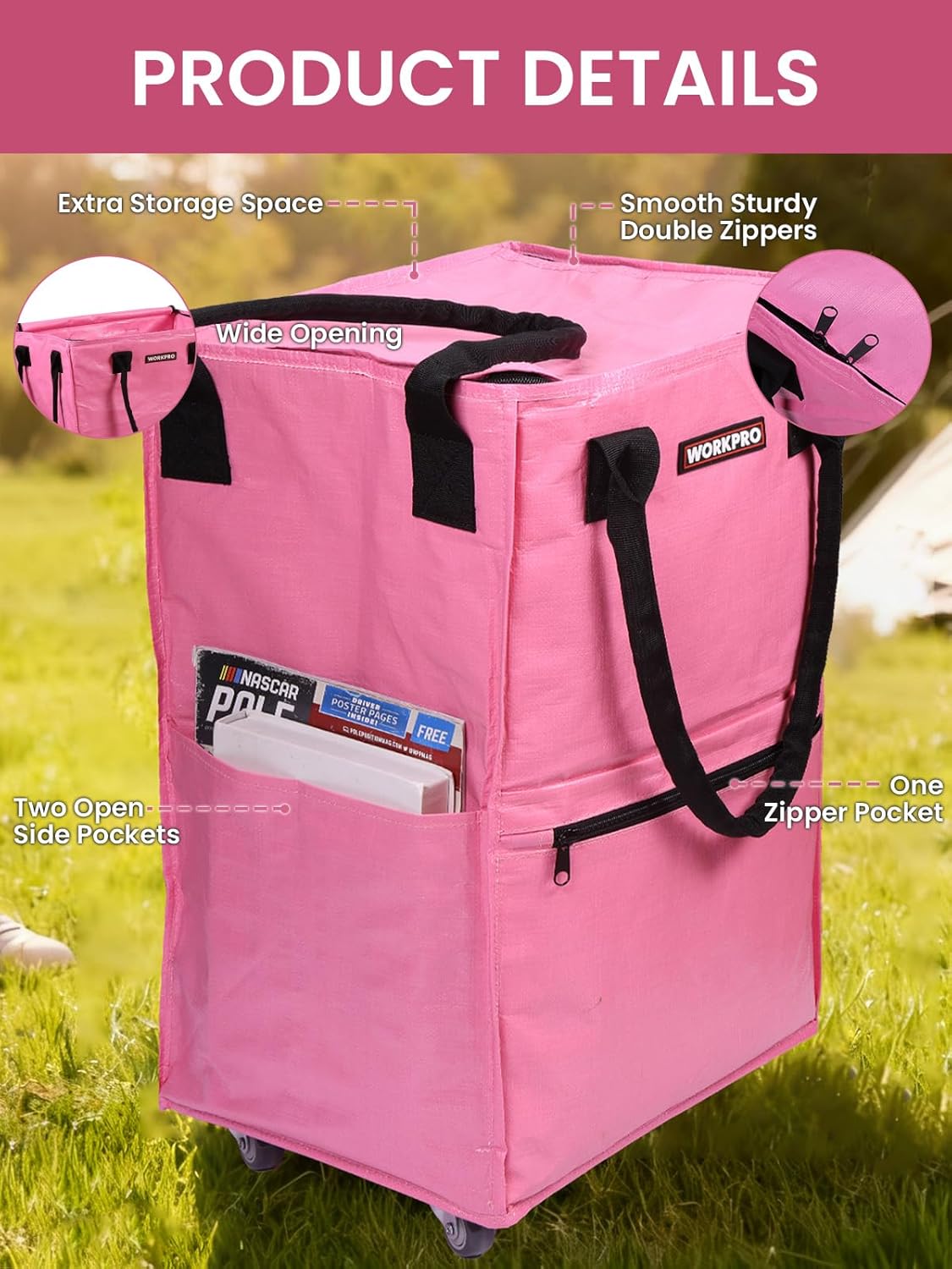 Large Rolling Grocery Bag, 36-Gallon Tote with 5 Wheels, 110 lbs Capacity, Dual Carry, Wide Zipper & Extra Storage for Shopping, Laundry & Moving