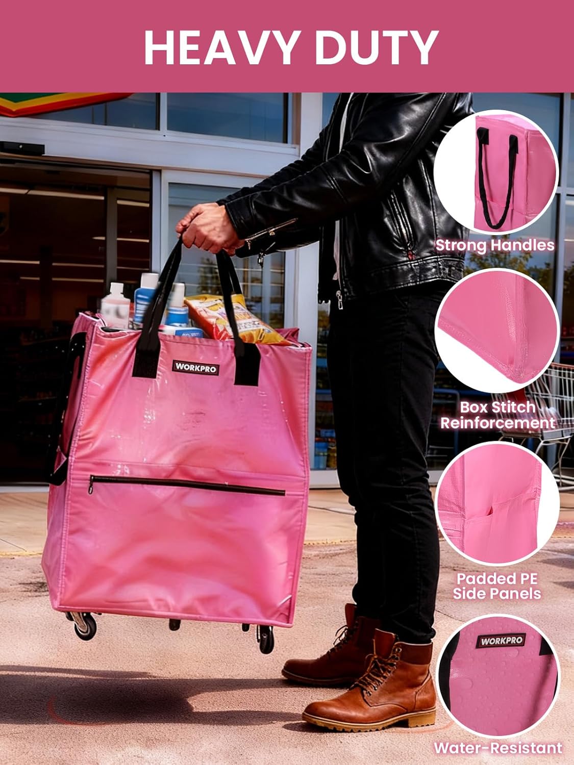 Large Rolling Grocery Bag, 36-Gallon Tote with 5 Wheels, 110 lbs Capacity, Dual Carry, Wide Zipper & Extra Storage for Shopping, Laundry & Moving