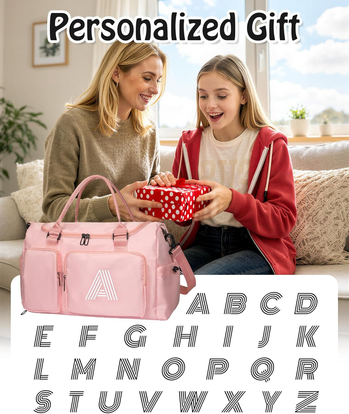Duffel Bag for Girls Women, Birthday Gifts for Girls Kid Teen Adult, Initial Sport Duffel Bag for Travel, Gym, Dance, Weekender, Overnight, with Shoe Compartment & Water Resistant