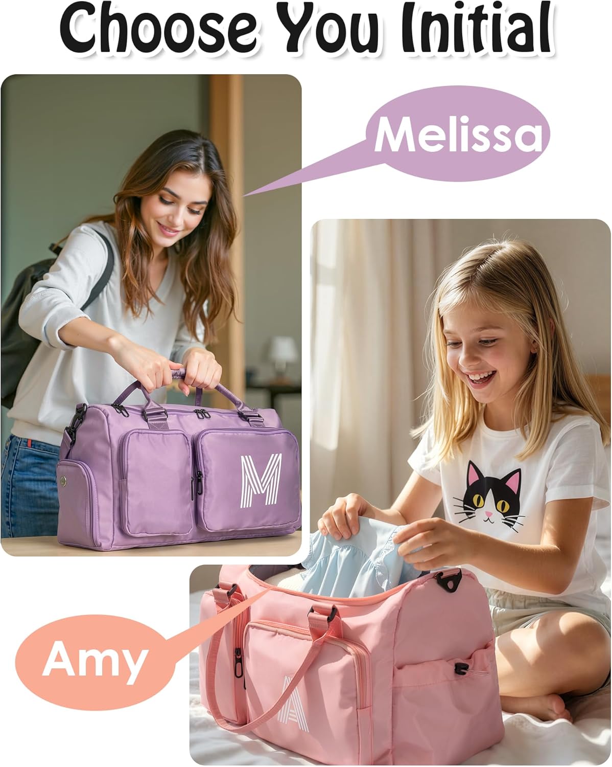Duffel Bag for Girls Women, Birthday Gifts for Girls Kid Teen Adult, Initial Sport Duffel Bag for Travel, Gym, Dance, Weekender, Overnight, with Shoe Compartment & Water Resistant