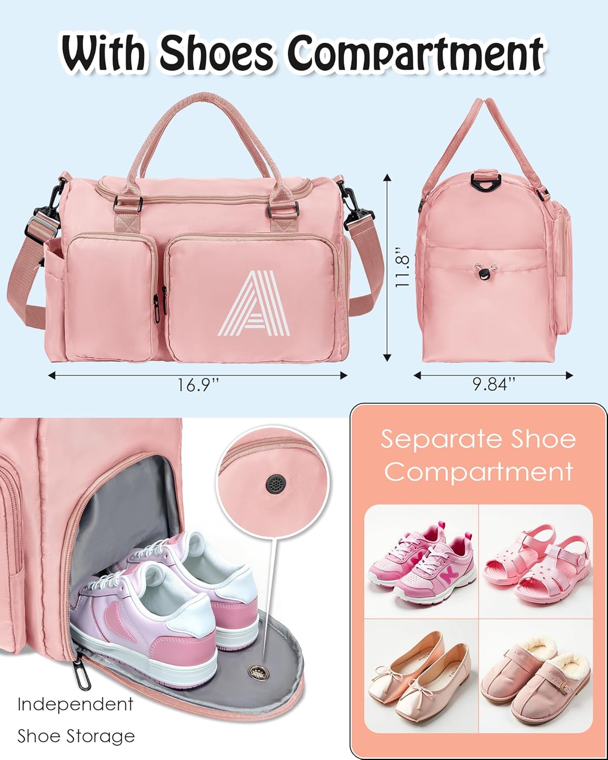 Duffel Bag for Girls Women, Birthday Gifts for Girls Kid Teen Adult, Initial Sport Duffel Bag for Travel, Gym, Dance, Weekender, Overnight, with Shoe Compartment & Water Resistant