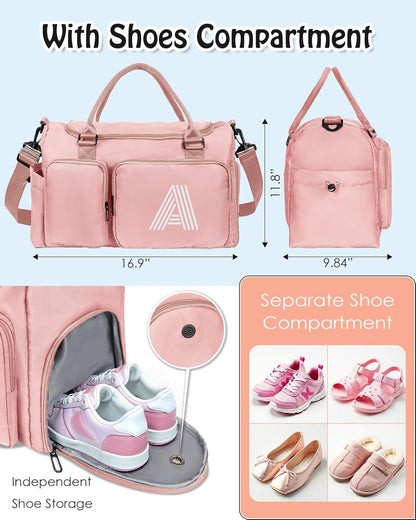 Duffel Bag for Girls Women, Birthday Gifts for Girls Kid Teen Adult, Initial Sport Duffel Bag for Travel, Gym, Dance, Weekender, Overnight, with Shoe Compartment & Water Resistant