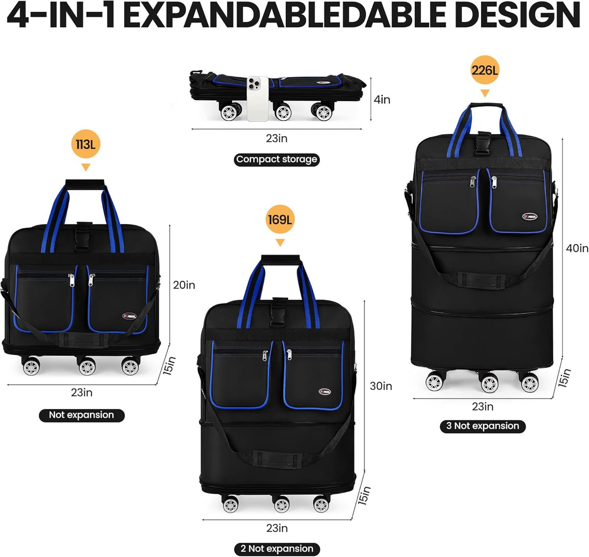 30''36''40''Rolling Duffle Bag with Wheels,Expandable Duffle Bag for Travel for Men Women,Foldable#40''Grey