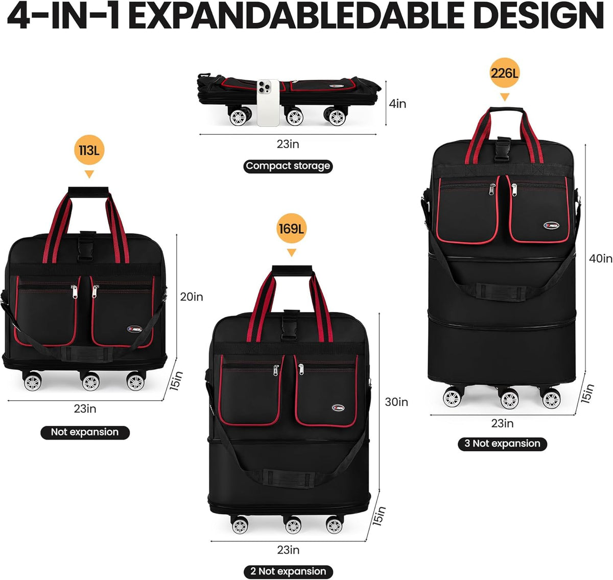 30''36''40''Rolling Duffle Bag with Wheels,Expandable Duffle Bag for Travel for Men Women,Foldable#40''Grey