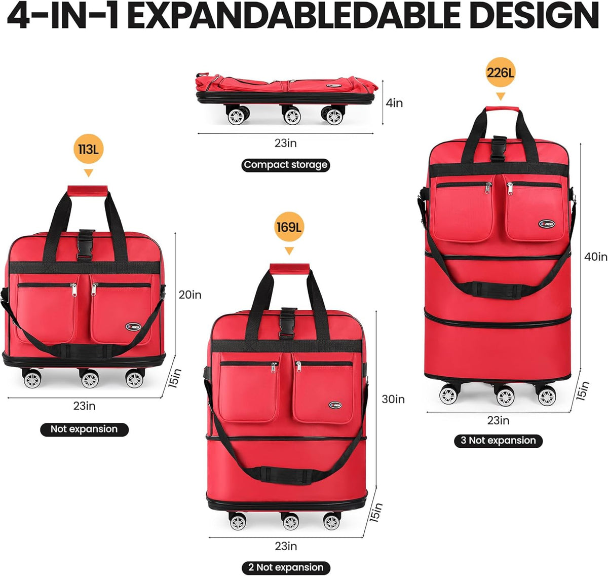30''36''40''Rolling Duffle Bag with Wheels,Expandable Duffle Bag for Travel for Men Women,Foldable#40''Grey