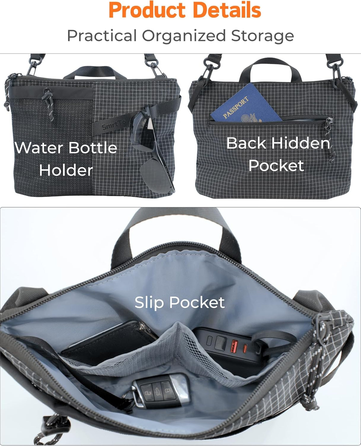 Sling Bag for Men Women, Compact Crossbody Bag with Water Bottle Holder, Water Resistant Small Shoulder Pack for Travel, Commute, Day Trip, Fits Mini Tablets up to 8.3", Anti-Theft Chest Pack