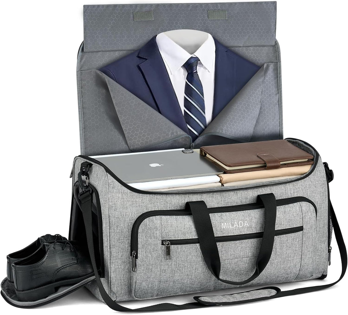 Convertible 2-in-1 Garment Duffel Weekender Bag Carry On Garment Bags for Travel Hanging Clothes Suit Bag Foldable Personal Item Business Overnight Bag with Shoe Compartment, Light Grey
