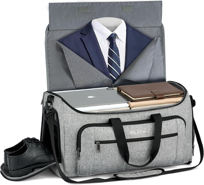 Convertible 2-in-1 Garment Duffel Weekender Bag Carry On Garment Bags for Travel Hanging Clothes Suit Bag Foldable Personal Item Business Overnight Bag with Shoe Compartment, Light Grey