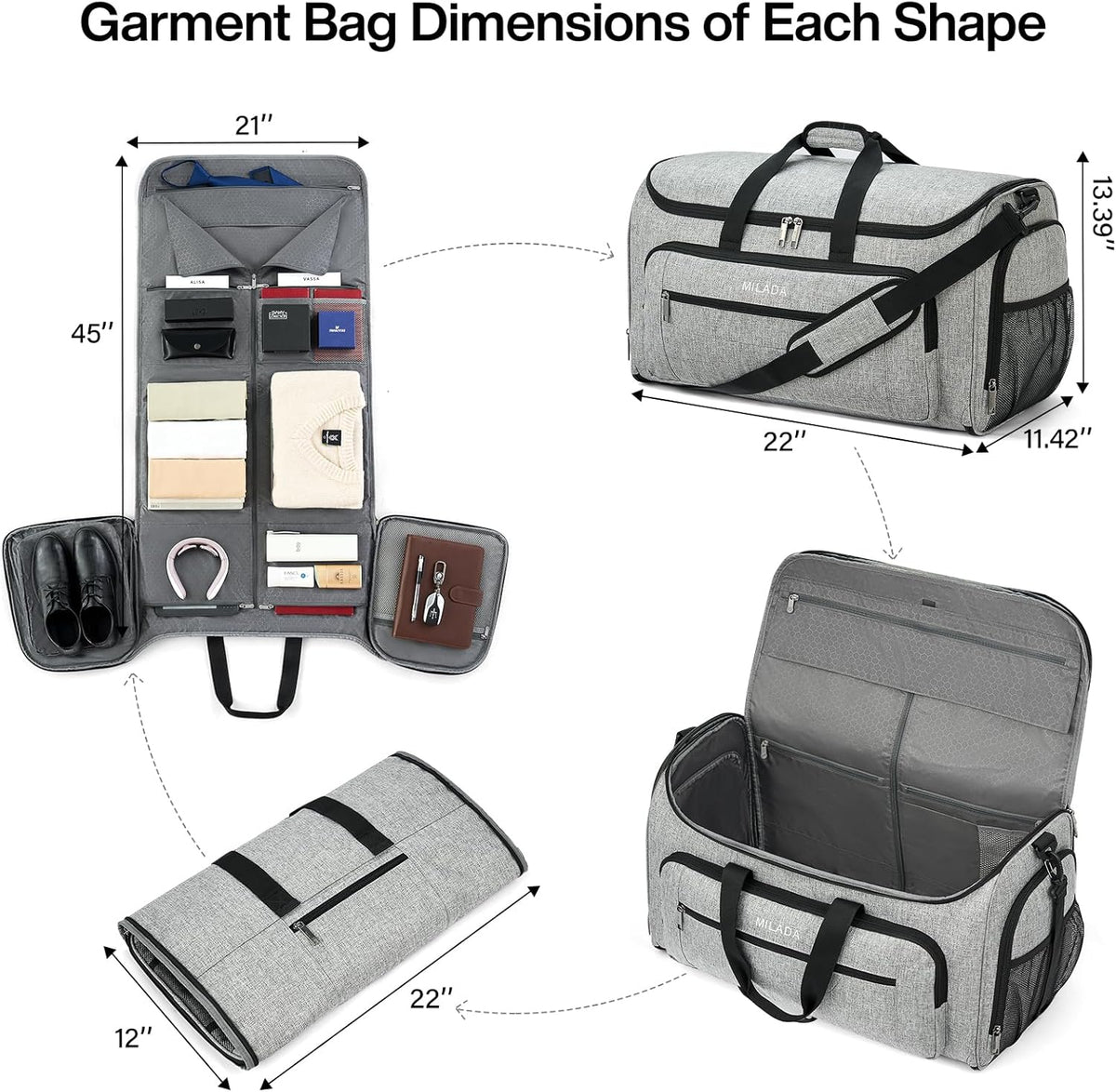 Convertible 2-in-1 Garment Duffel Weekender Bag Carry On Garment Bags for Travel Hanging Clothes Suit Bag Foldable Personal Item Business Overnight Bag with Shoe Compartment, Light Grey