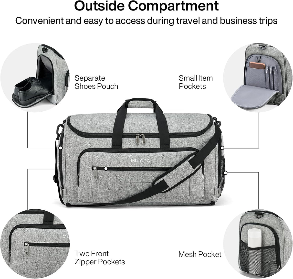 Convertible 2-in-1 Garment Duffel Weekender Bag Carry On Garment Bags for Travel Hanging Clothes Suit Bag Foldable Personal Item Business Overnight Bag with Shoe Compartment, Light Grey