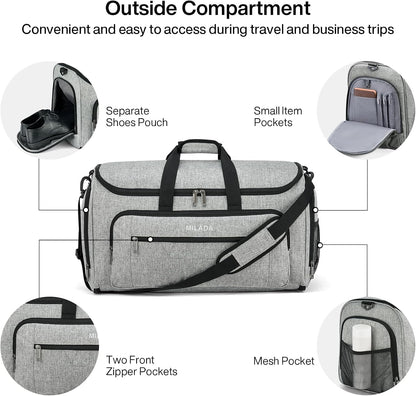 Convertible 2-in-1 Garment Duffel Weekender Bag Carry On Garment Bags for Travel Hanging Clothes Suit Bag Foldable Personal Item Business Overnight Bag with Shoe Compartment, Light Grey