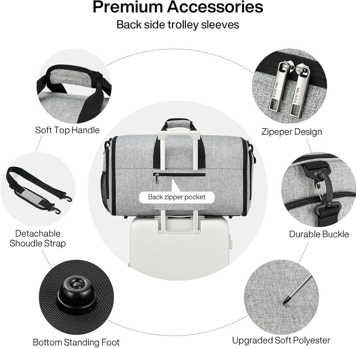 Convertible 2-in-1 Garment Duffel Weekender Bag Carry On Garment Bags for Travel Hanging Clothes Suit Bag Foldable Personal Item Business Overnight Bag with Shoe Compartment, Light Grey