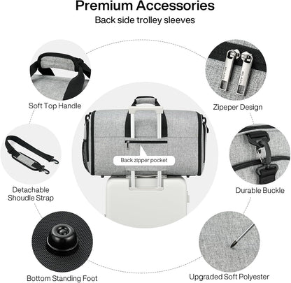 Convertible 2-in-1 Garment Duffel Weekender Bag Carry On Garment Bags for Travel Hanging Clothes Suit Bag Foldable Personal Item Business Overnight Bag with Shoe Compartment, Light Grey