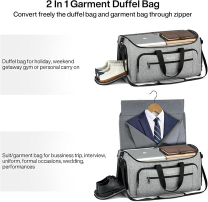 Convertible 2-in-1 Garment Duffel Weekender Bag Carry On Garment Bags for Travel Hanging Clothes Suit Bag Foldable Personal Item Business Overnight Bag with Shoe Compartment, Light Grey