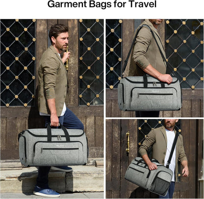 Convertible 2-in-1 Garment Duffel Weekender Bag Carry On Garment Bags for Travel Hanging Clothes Suit Bag Foldable Personal Item Business Overnight Bag with Shoe Compartment, Light Grey