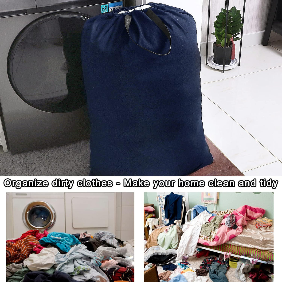 Heavy Duty Laundry Bag with Drawstring and Handle, Extra Large Travel Dirty Clothes Bag for Laundromat and Household, Durable Rip-Stop Laundry Hamper Liner, 28 x 40 Inch , Navy Blue