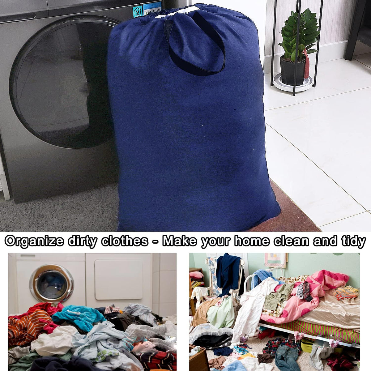 Heavy Duty Laundry Bag with Drawstring and Handle, Extra Large Travel Dirty Clothes Bag for Laundromat and Household, Durable Rip-Stop Laundry Hamper Liner, 28 x 40 Inch , Navy Blue