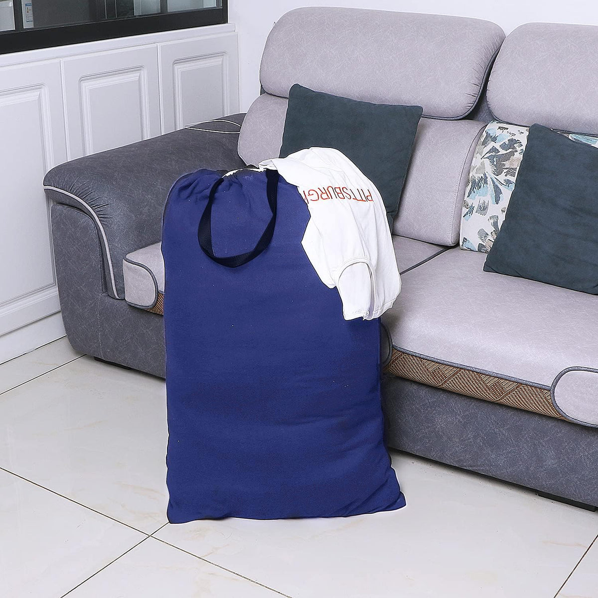 Heavy Duty Laundry Bag with Drawstring and Handle, Extra Large Travel Dirty Clothes Bag for Laundromat and Household, Durable Rip-Stop Laundry Hamper Liner, 28 x 40 Inch , Navy Blue