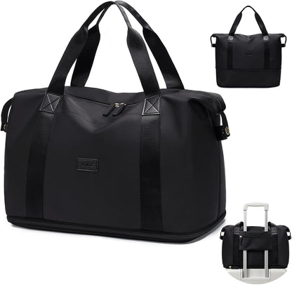 Travel Duffle Bag, Waterproof Weekender Carry On Tote Bags for Women, Sport Gym Bag for Men, Hospital Bag for Labor and Delivery, Overnight Luggage Bag with Trolley Sleeve Black