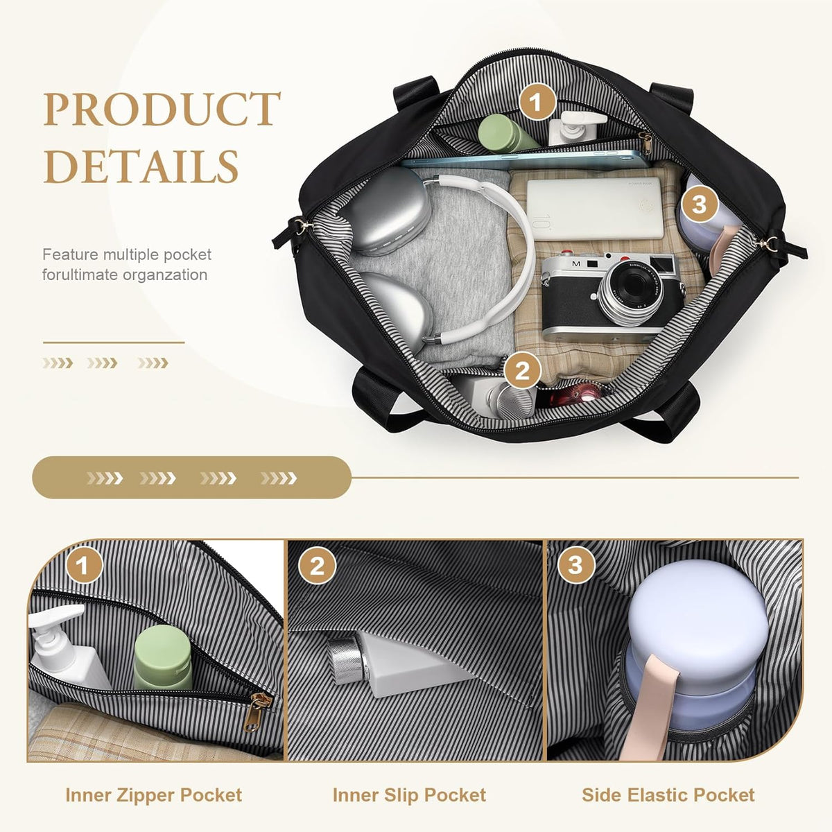 Travel Duffle Bag, Waterproof Weekender Carry On Tote Bags for Women, Sport Gym Bag for Men, Hospital Bag for Labor and Delivery, Overnight Luggage Bag with Trolley Sleeve Black