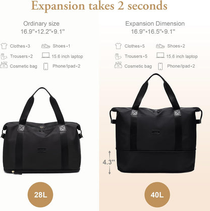 Travel Duffle Bag, Waterproof Weekender Carry On Tote Bags for Women, Sport Gym Bag for Men, Hospital Bag for Labor and Delivery, Overnight Luggage Bag with Trolley Sleeve Black