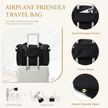 Travel Duffle Bag, Waterproof Weekender Carry On Tote Bags for Women, Sport Gym Bag for Men, Hospital Bag for Labor and Delivery, Overnight Luggage Bag with Trolley Sleeve Black