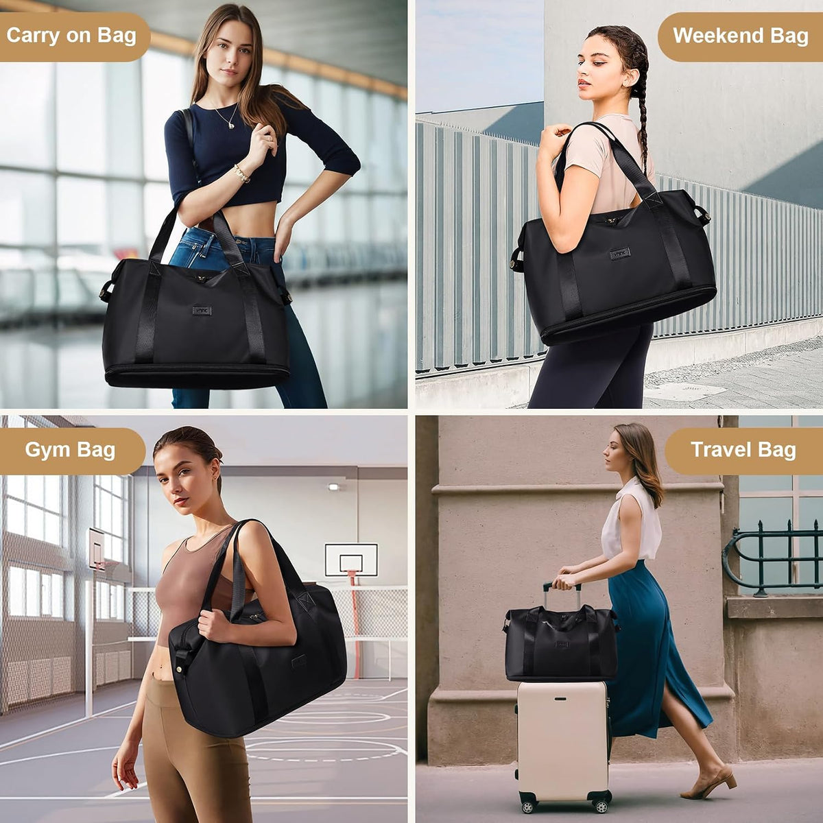 Travel Duffle Bag, Waterproof Weekender Carry On Tote Bags for Women, Sport Gym Bag for Men, Hospital Bag for Labor and Delivery, Overnight Luggage Bag with Trolley Sleeve Black