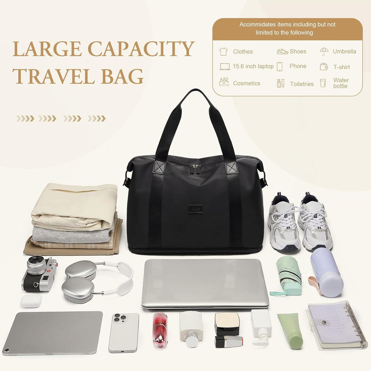 Travel Duffle Bag, Waterproof Weekender Carry On Tote Bags for Women, Sport Gym Bag for Men, Hospital Bag for Labor and Delivery, Overnight Luggage Bag with Trolley Sleeve Black