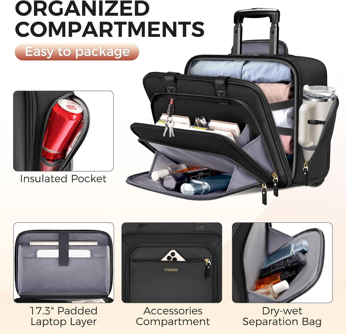 Rolling Laptop Bag, 17.3In Rolling Briefcase for Women Work College Teacher | Lockable, Insulated & Waterproof Pocket, Carry on Rolling Computer Bag Rolling Bag for Business, Laptop Bag with Wheels Gift