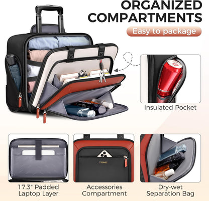 Rolling Laptop Bag, 17.3In Rolling Briefcase for Women Work College Teacher | Lockable, Insulated & Waterproof Pocket, Carry on Rolling Computer Bag Rolling Bag for Business, Laptop Bag with Wheels Gift